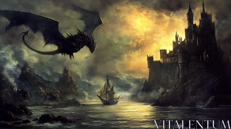 AI ART Fantasy Dragon and Medieval Castle