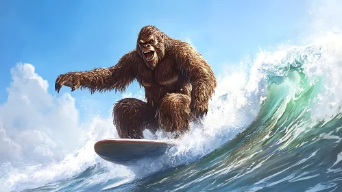 Sasquatch Surfing the Ocean Wave