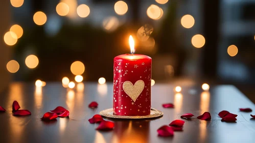 Red Candle with Heart and Rose Petals