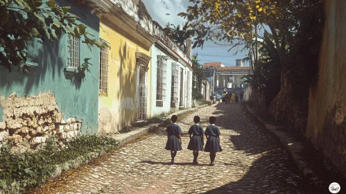 Children on Cobblestone Street