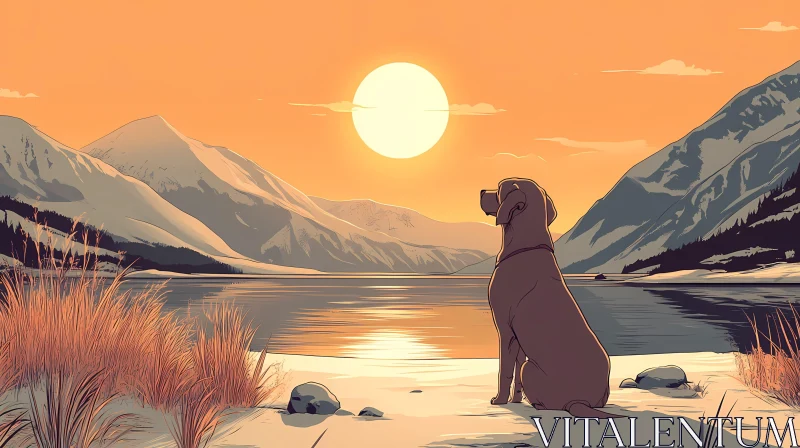 Peaceful Sunset Landscape with Dog AI Image