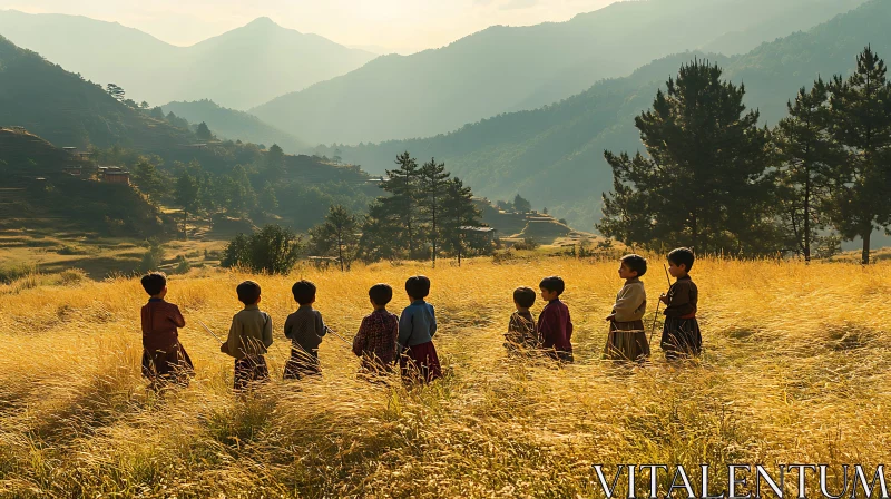 Golden field with children and mountains AI Image