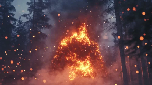 Raging Flames Engulf Trees in Dark Forest