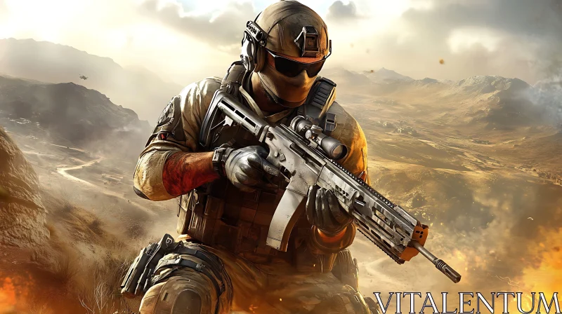 Armed Soldier in Desert Landscape AI Image