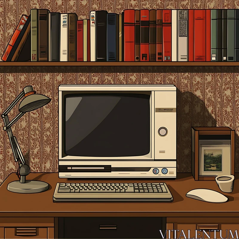 Retro Desk with Computer and Books AI Image