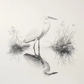 Monochrome Heron Drawing with Water Reflection