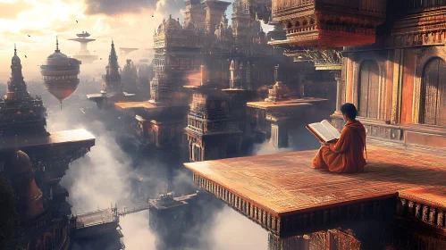 Monk Reads in Futuristic City