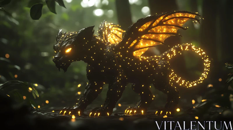 AI ART Glowing Feline Dragon in Woodland