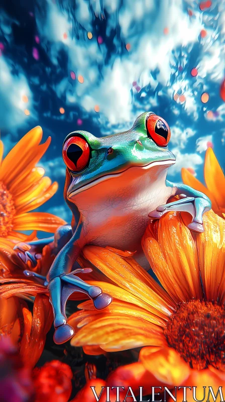 Colorful Frog Among Flowers AI Image