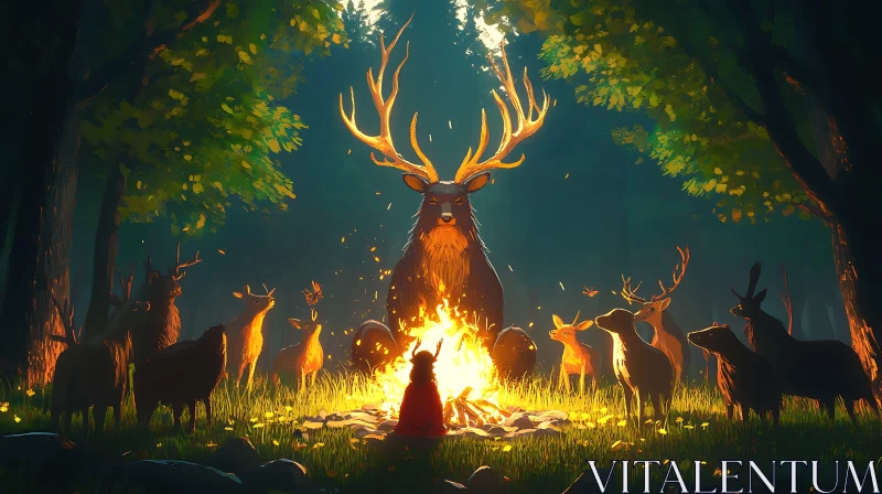 AI ART Forest Ritual with Deer and Fire