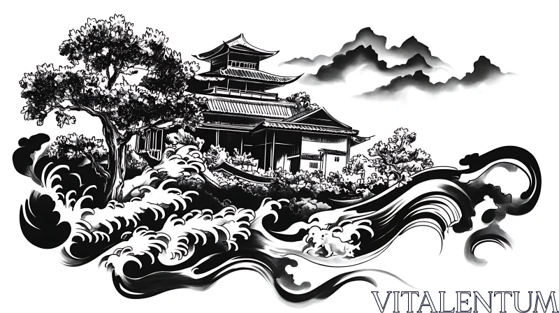 AI ART Monochrome Japanese Architecture Illustration