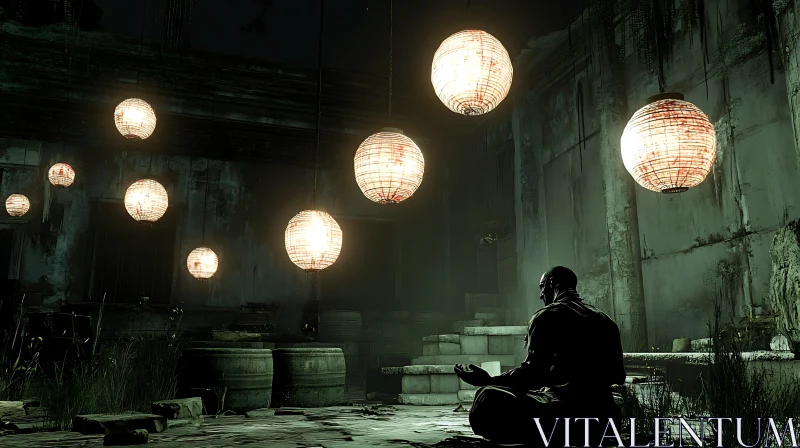 Man Meditating Beneath Glowing Lanterns AI Image