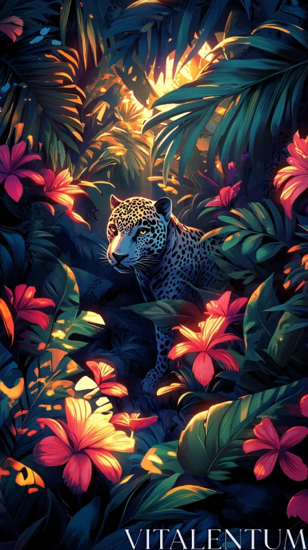 Tropical Jungle with Leopard and Flowers AI Image