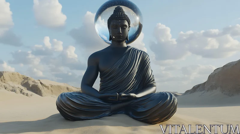 Meditative Buddha Sculpture Amidst Desert Sands AI Image