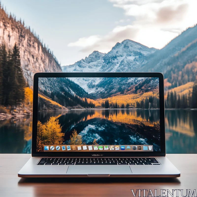 Autumn Mountain Scene on Laptop Screen AI Image