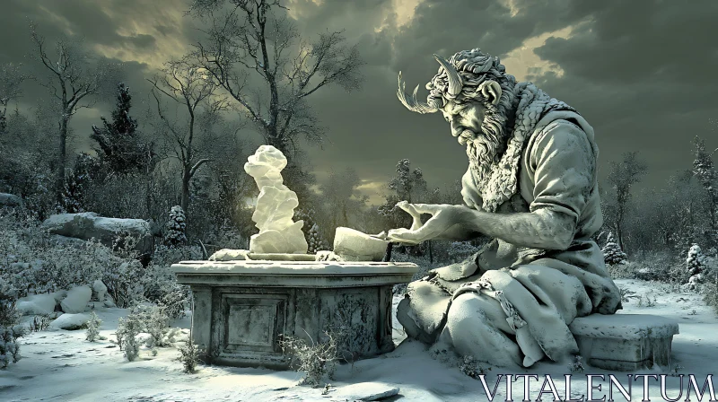 Snowy Contemplation: A Winter Sculpture AI Image