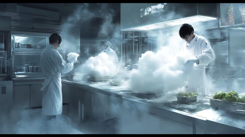 Monochromatic Kitchen Scene with Chefs