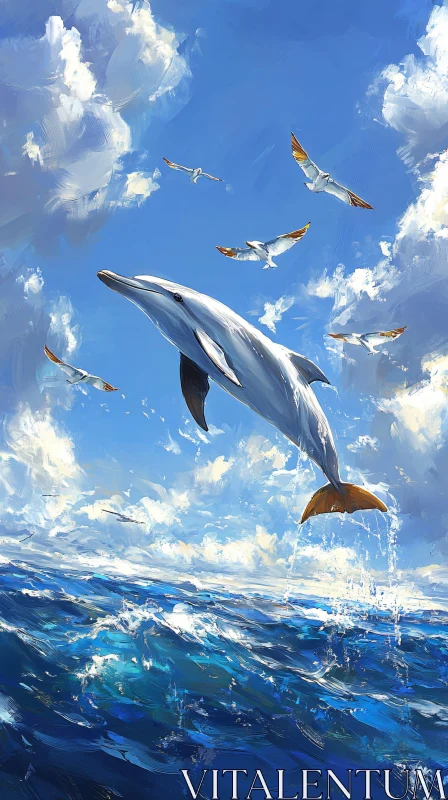 Oceanic Dance of Dolphin and Seagulls AI Image