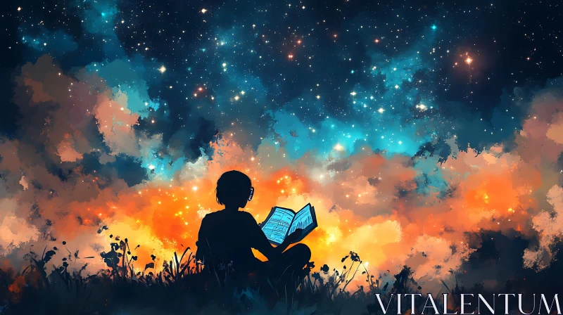 AI ART Silhouette Reading Under Starry Sky