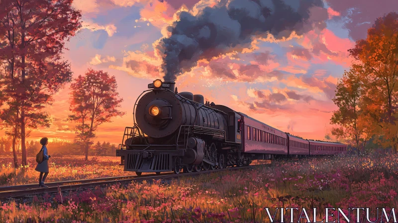 Vintage Train at Sunset AI Image