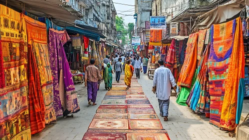 Busy Market Street with People and Textiles