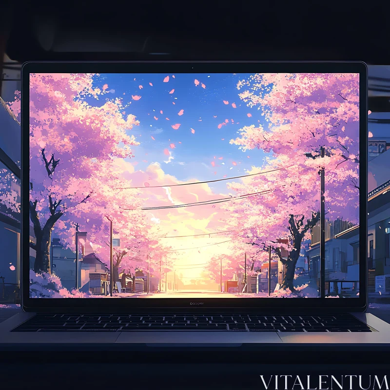 Cherry Blossom Street View on Laptop AI Image