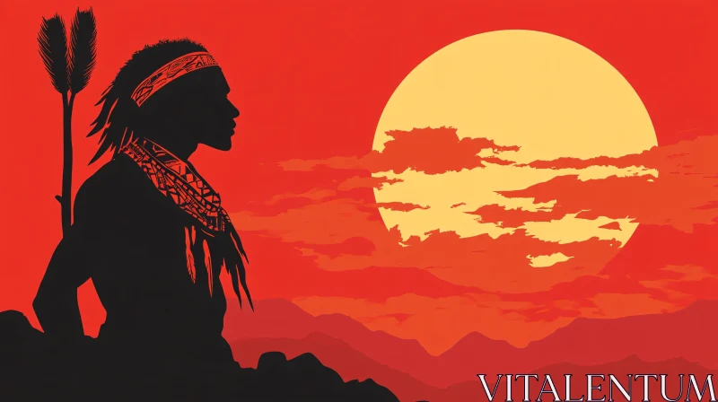 AI ART Silhouette of Native American at Sunset