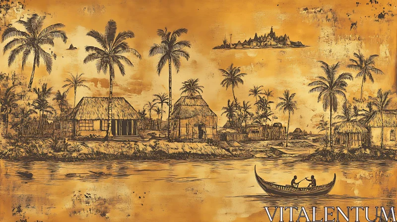 Peaceful Riverside Village with Palm Trees AI Image