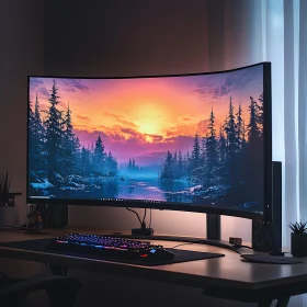 Curved Screen Desk with Scenic Sunset View