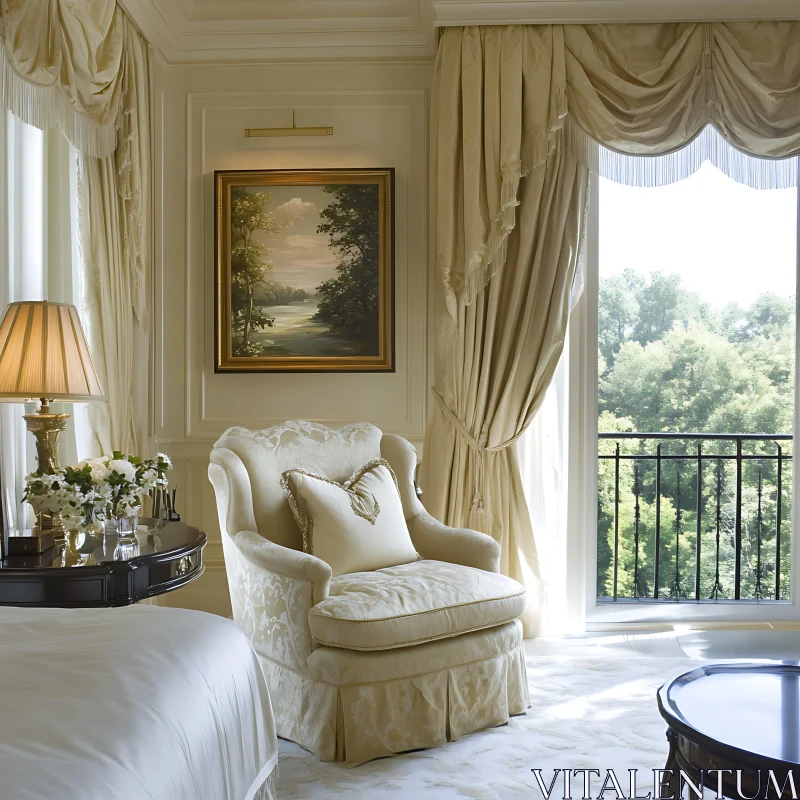 AI ART Sophisticated Room with Plush Armchair and Grand Curtains