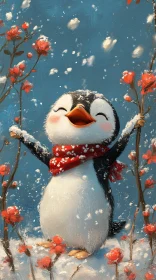 Cheerful Penguin Amidst Snow and Flowers