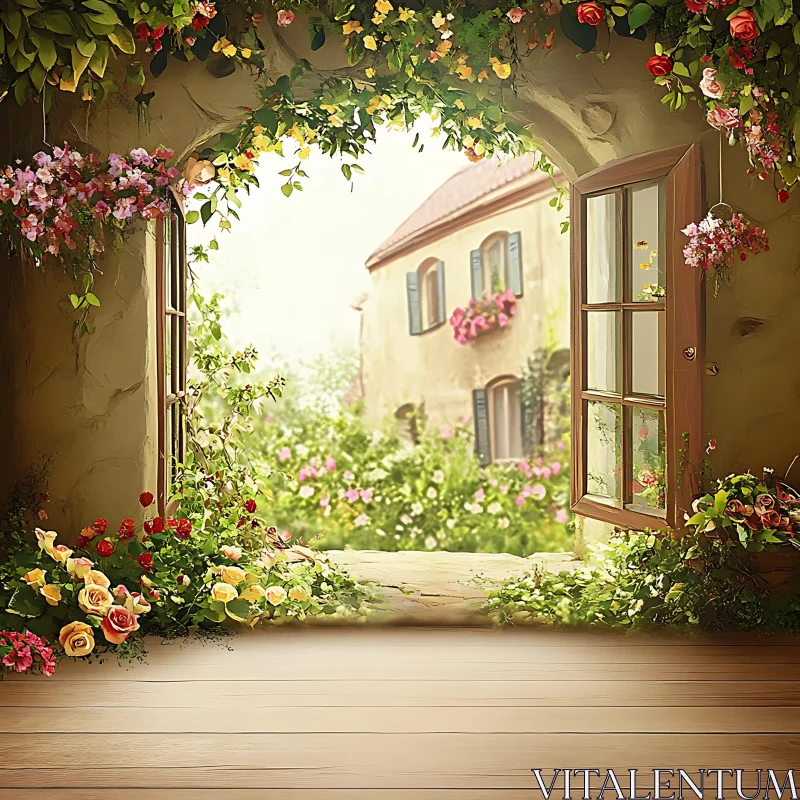 Scenic View of a Flowering Garden and Quaint Building AI Image