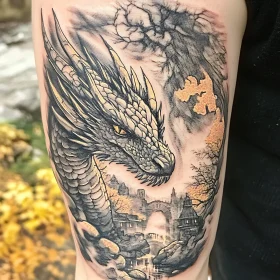 Fantasy Dragon Tattoo with Castle View