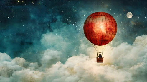 Crimson Balloon Ascends Through Dreamy Clouds