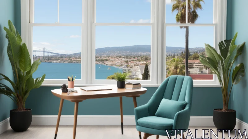 Bright Office with Teal Accents and Harbor Views AI Image