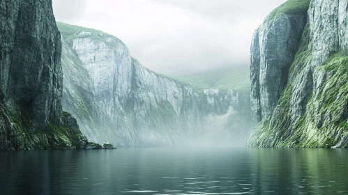 Tranquil Fjord with Lush Cliffs and Fog