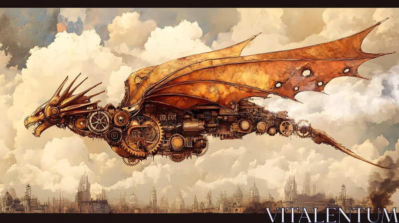 AI ART Mechanical Dragon Soaring Above the City