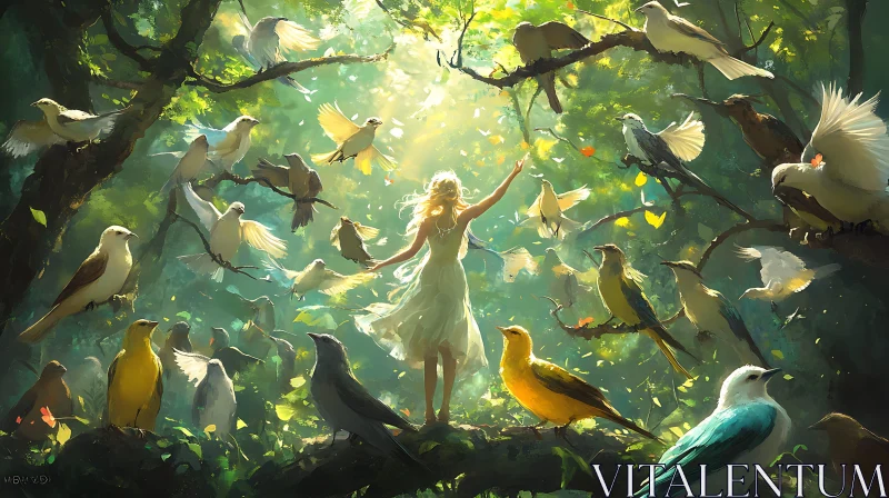 Woman and Birds in Forest Art AI Image