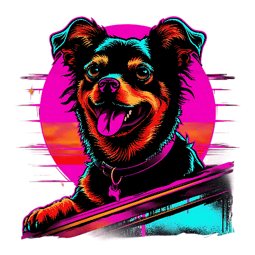 Cartoon Dog with Neon Sunset - Retro 1980s Inspired Art POD Design