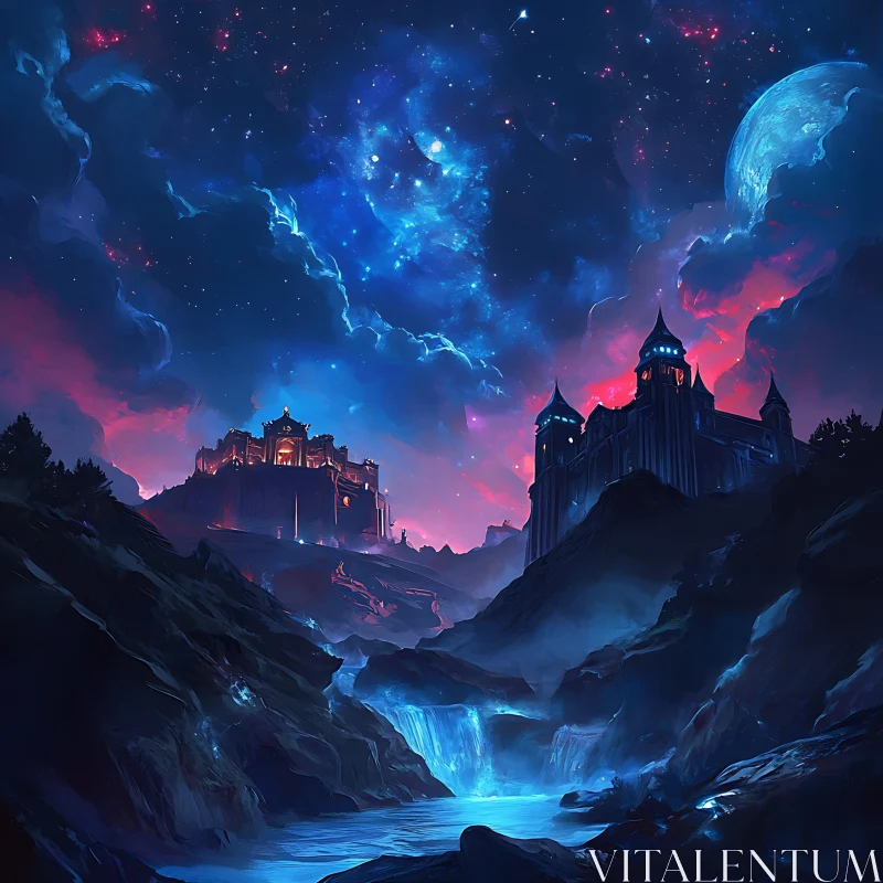 AI ART Fantasy Castle with Waterfalls at Night