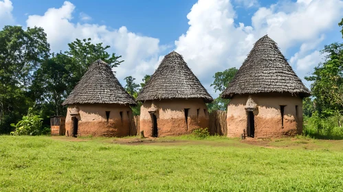 Traditional Village Huts under Blue Sky