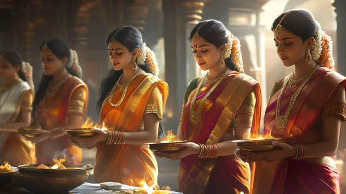 Women in Saris Holding Flames