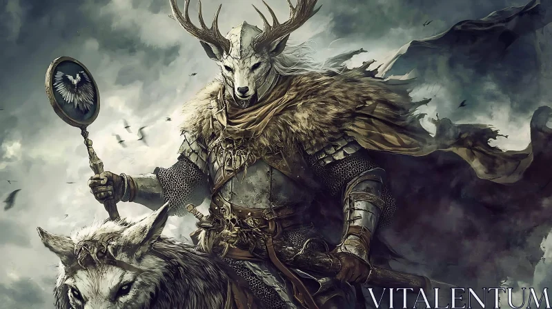 Deer Helmet Warrior Riding Wolf AI Image