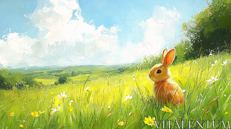 Rabbit in Springtime Field Artwork AI Image