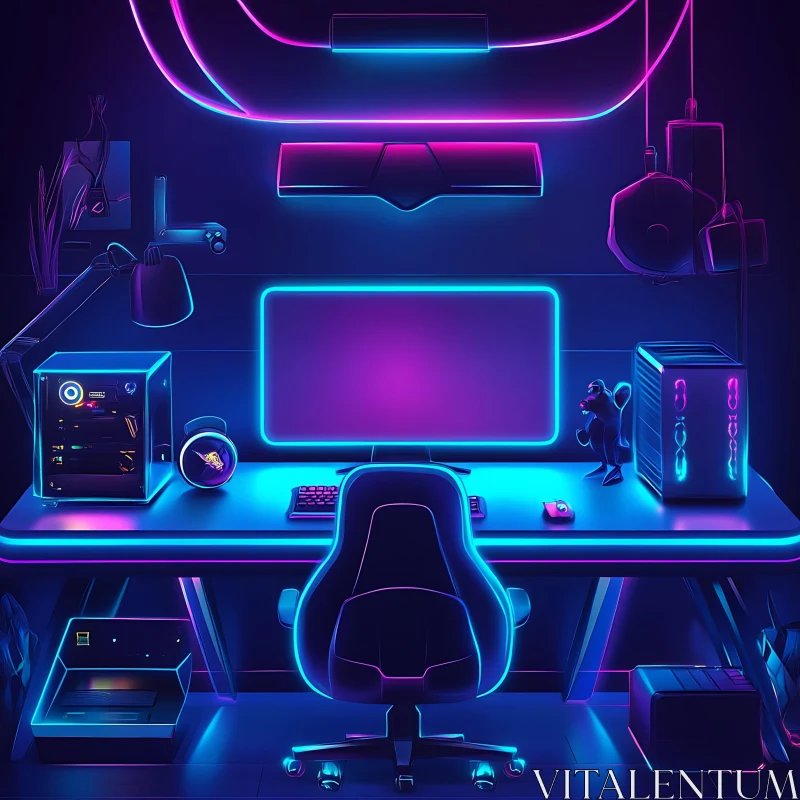 High-Tech Gaming Desk with Neon Lighting AI Image