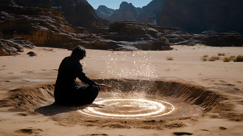 Mystical Desert Ritual with Glowing Circle