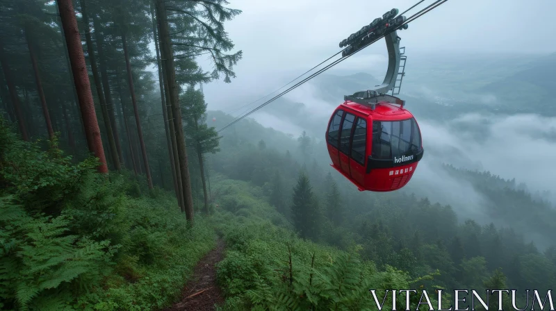 Enchanting Red Cable Car Descending from Forest | Atmospheric Landscape AI Image