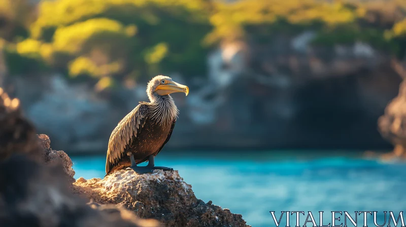 Pelican on Rocks by the Sea AI Image