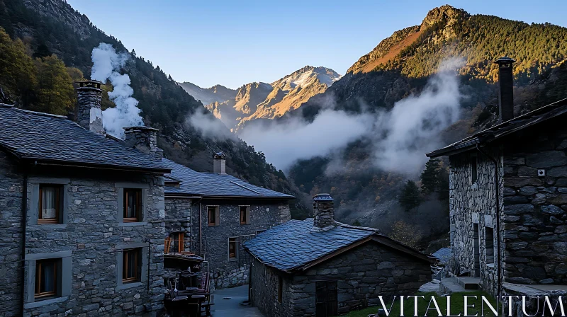 Misty Morning in a Mountain Village AI Image