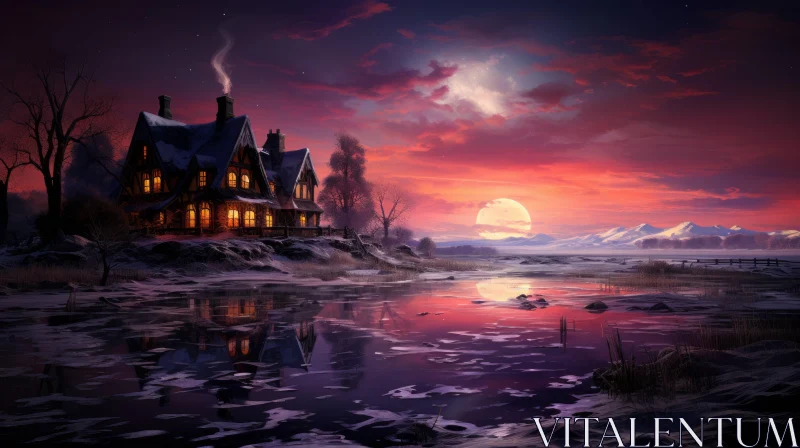 AI ART Romantic Moonlit House by Frozen Lake - A Fantasy Landscape
